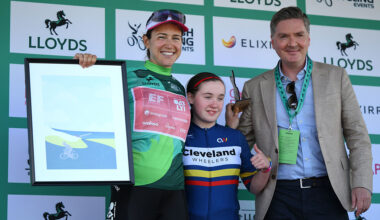 SALTBURNBYTHESEA ENGLAND JUNE 06 Kristen Faulkner of United States and Team EF EducationOatly celebrates at podium as Green Leader Jersey winner during the 10th Tour of Britain Women 2025 Stage 2 a 1143km stage from Hartlepool to SaltburnbytheSea UCIWWT on June 06 2025 in SaltburnbytheSea England Photo by Alex BroadwayGetty Images