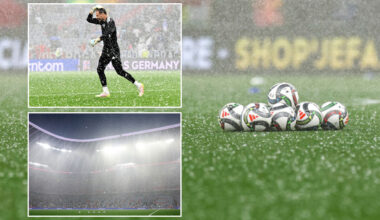 Germany vs Portugal Nations League clash DELAYED as players are forced to protect themselves from hailstones