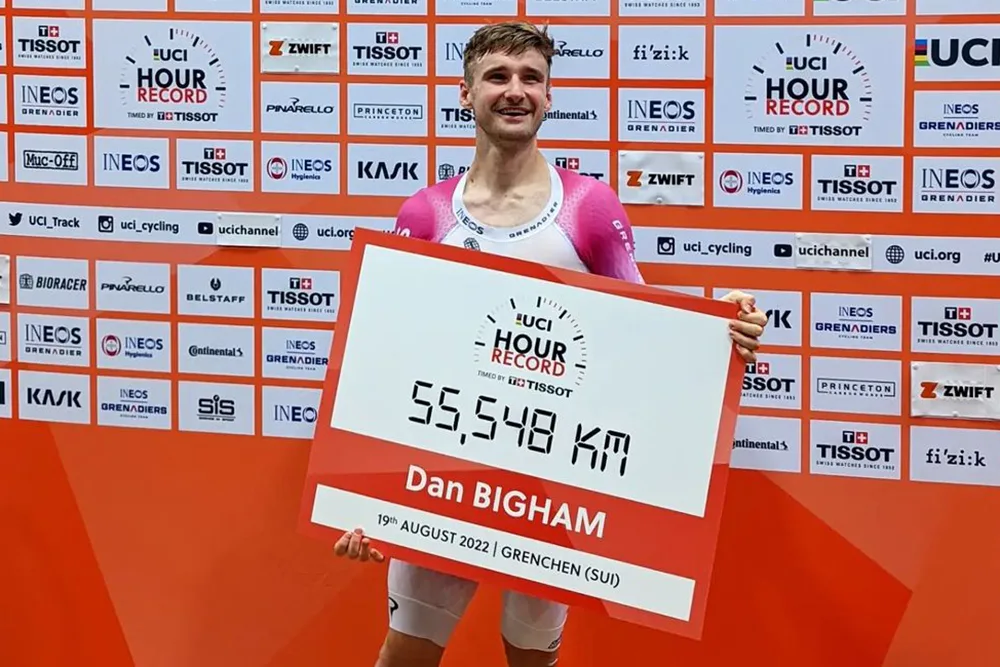 Dan Bigham after his successful UCI Hour Record attempt in August 2022