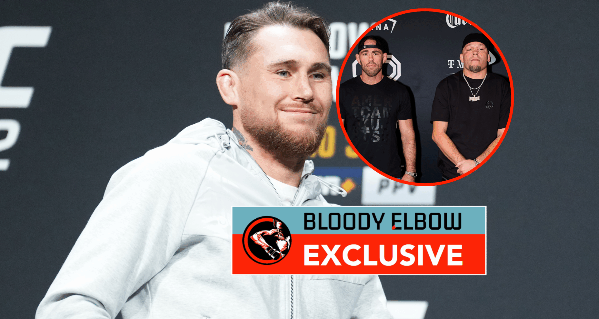 Darren Till at a UFC press conference (main photo), Jake Shields and Nate Diaz at a UFC event (bubble)