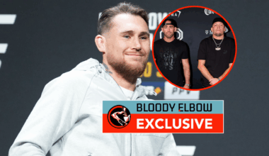 Darren Till at a UFC press conference (main photo), Jake Shields and Nate Diaz at a UFC event (bubble)