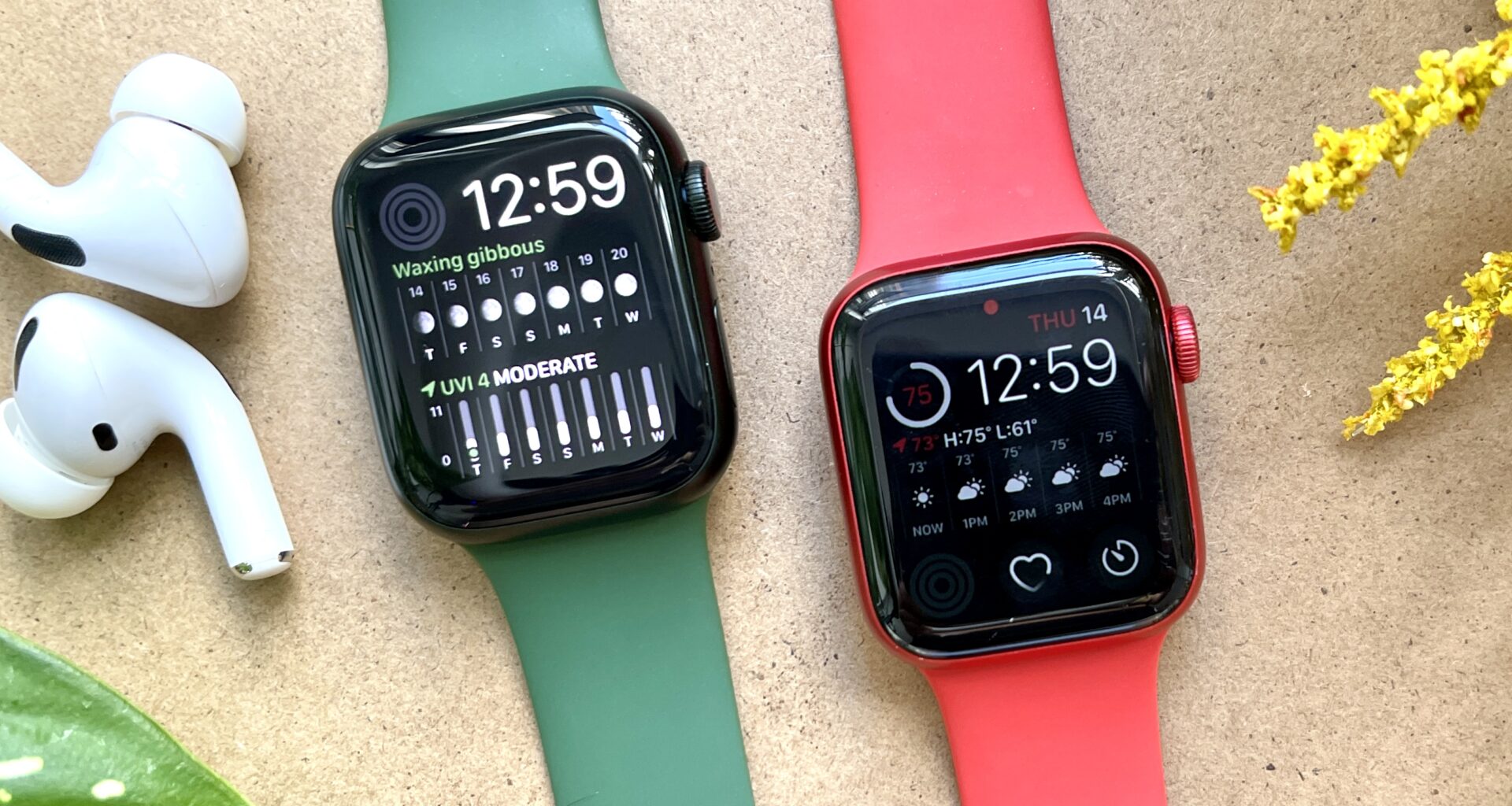 apple watch series 7 (left) and apple watch series 6 (right) laying on a table