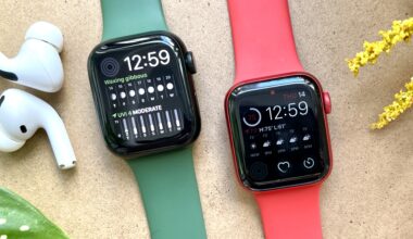 apple watch series 7 (left) and apple watch series 6 (right) laying on a table