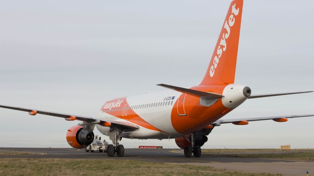 An easyJet aircraft on the taxiway.