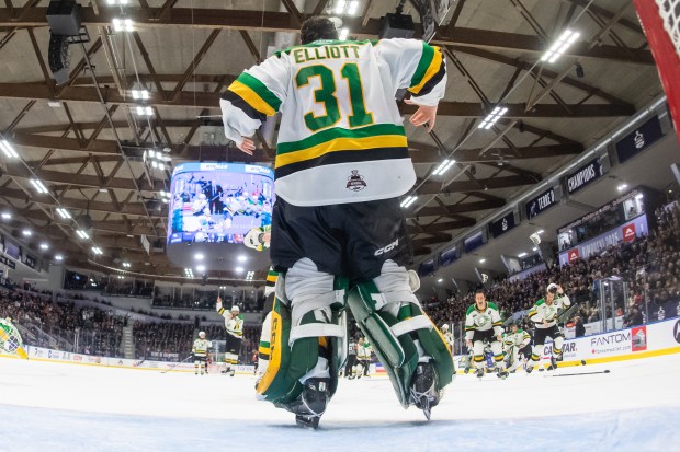 Goaltender Austin Elliott begins to celebrate after the London Knights won the Memorial Cup on Sunday night. He's a UMass Lowell commit. (Photo by Vincent Ethier/CHL)