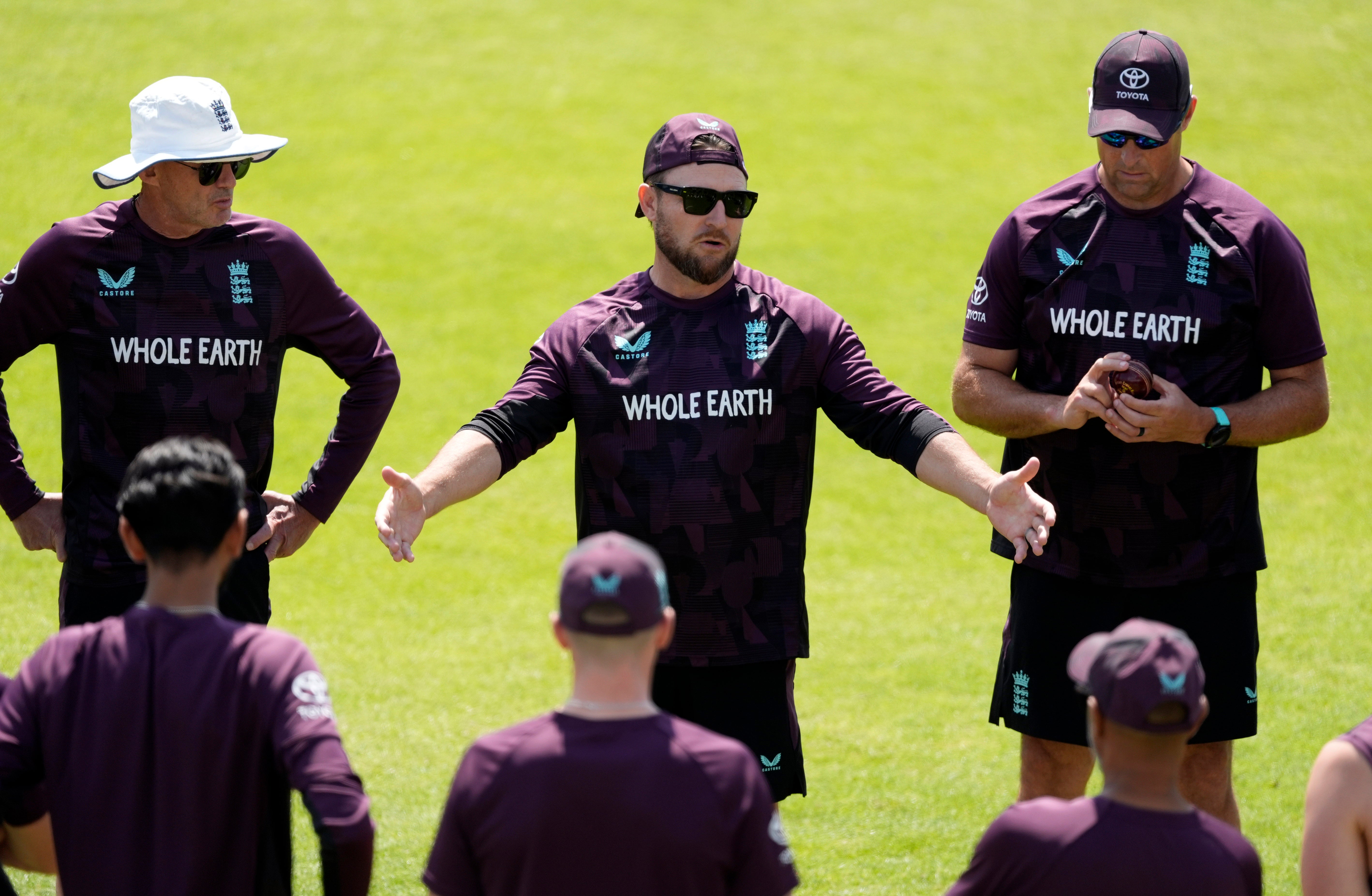 England head coach Brendon McCullum (centre) during a nets session at Headingley