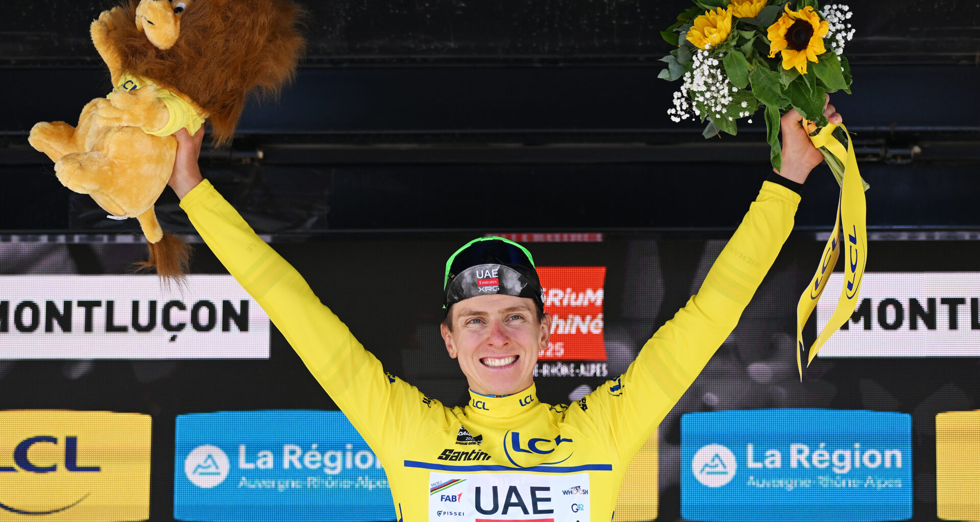 Tadej Pogacar celebrating his Stage 1 victory