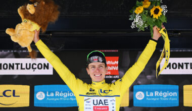 Tadej Pogacar celebrating his Stage 1 victory