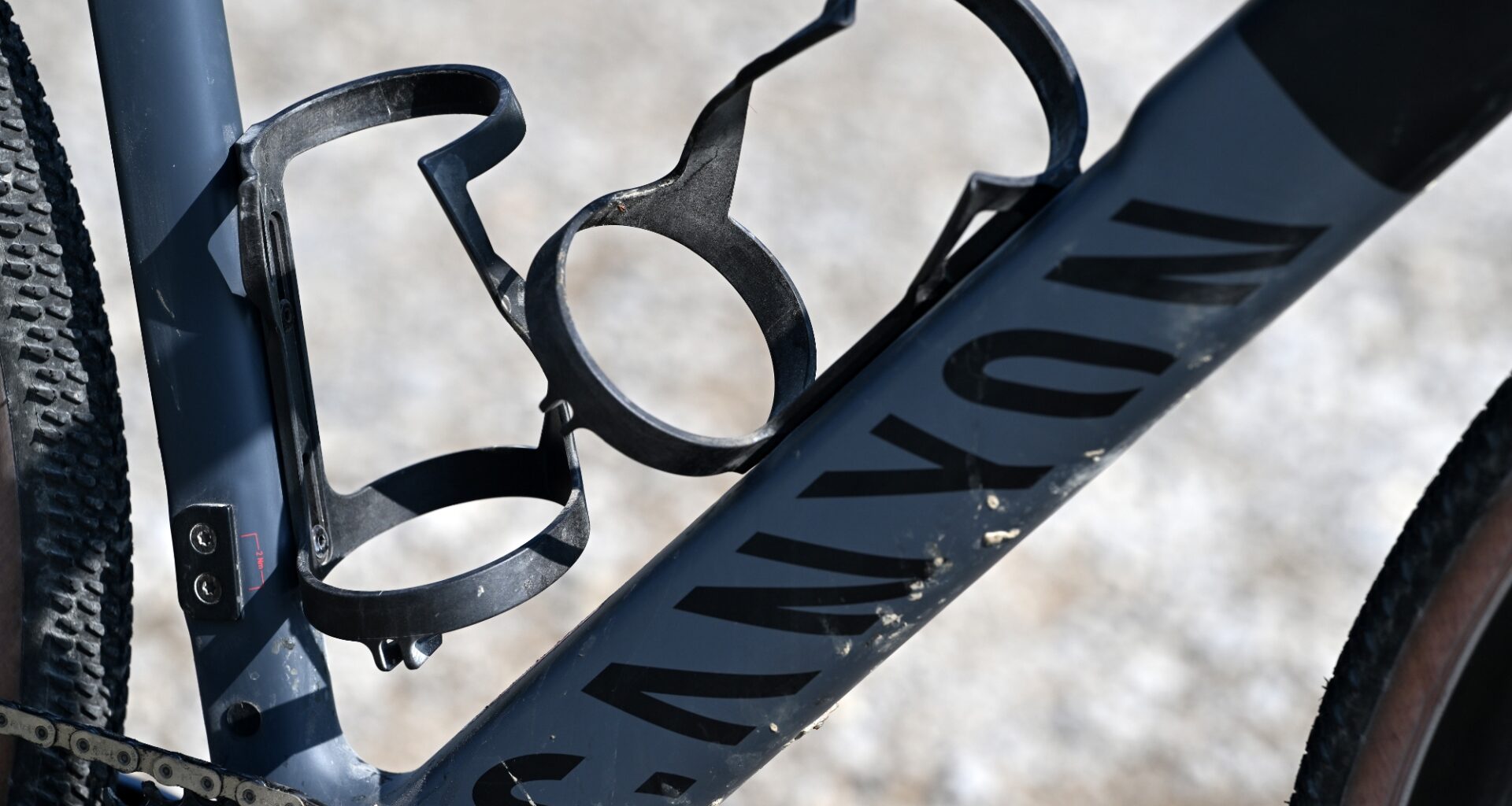 Detail of the downtube and bottle cages on the Canyon Grail CF SL AXS gravel bike