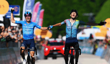 (L-R) Lorenzo Fortunato of Italy - Blue Mountain Jersey as second place and the stage winner Christian Scaroni of Italy and Team XDS Astana crosses the finish line together and celebrate victory during the 108th Giro d'Italia 2025, Stage 16 a 203km stage from Piazzola sul Brenta to San Valentino (Brentonico) 1316m / #UCIWT / on May 27, 2025 in San Valentino, Italy. (Photo by Tim de Waele/Getty Images)