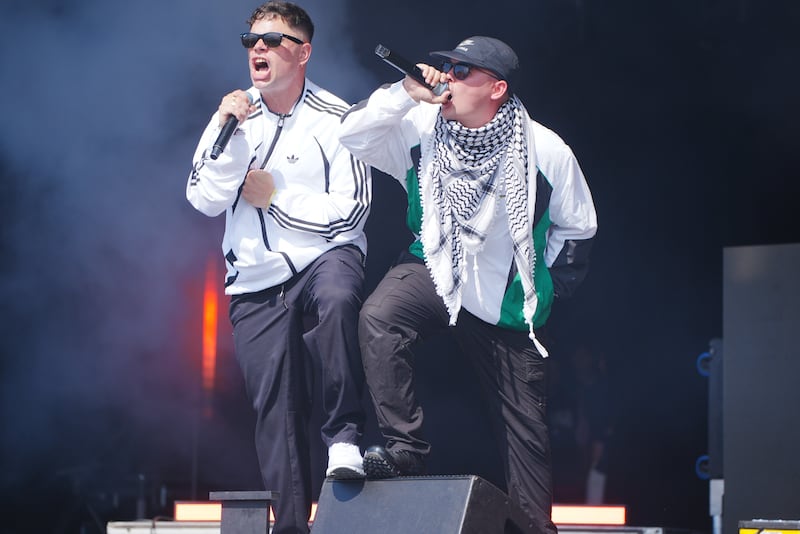 Moglai Bap and Mo Chara of Kneecap performing on the West Holts Stage during the Glastonbury Festival