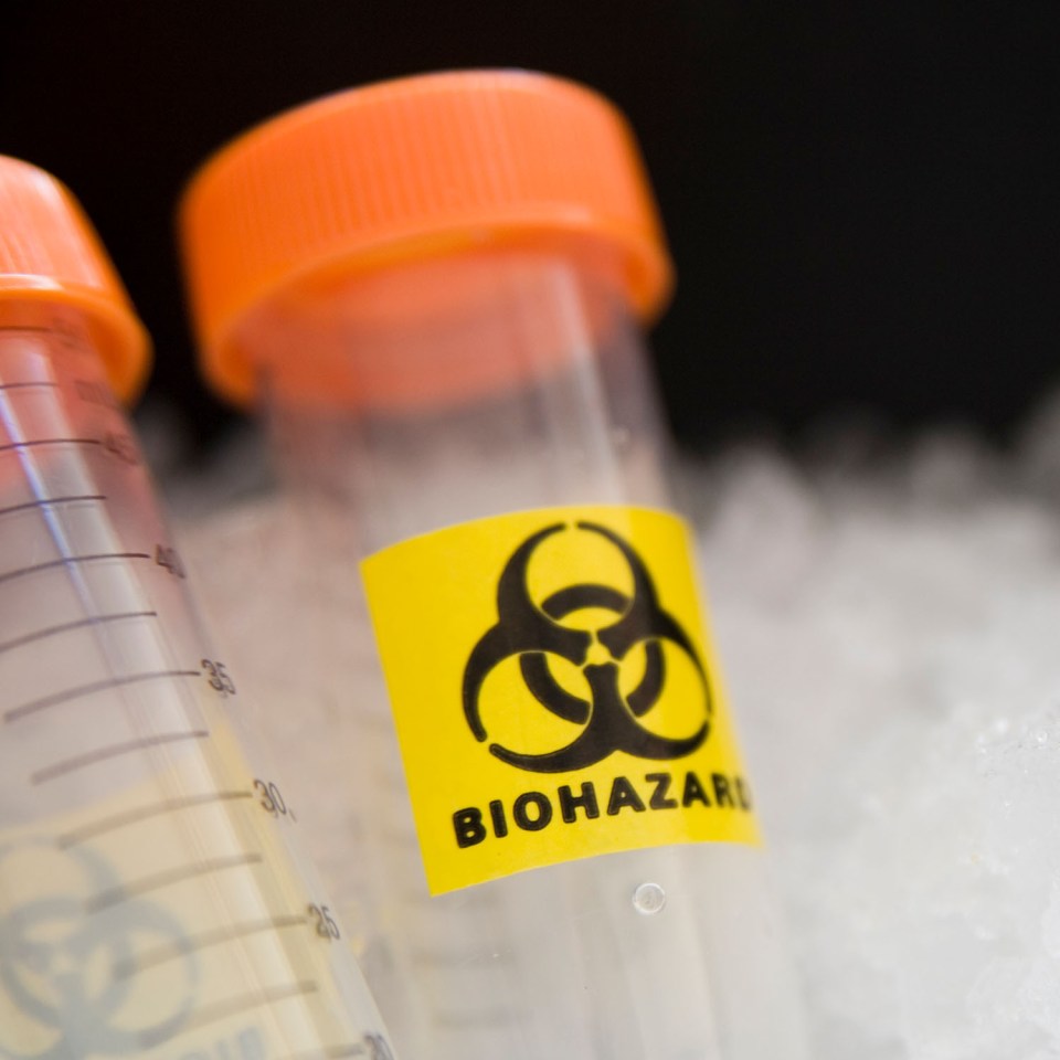 Two biohazard vials in dry ice.