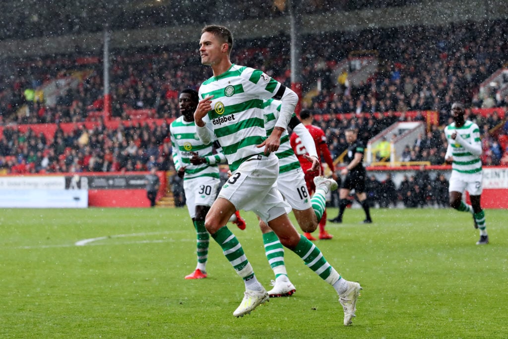 Mikael Lustig celebrates his goal for Celtic against Aberdeen in the Scottish Premiership at Pittodrie