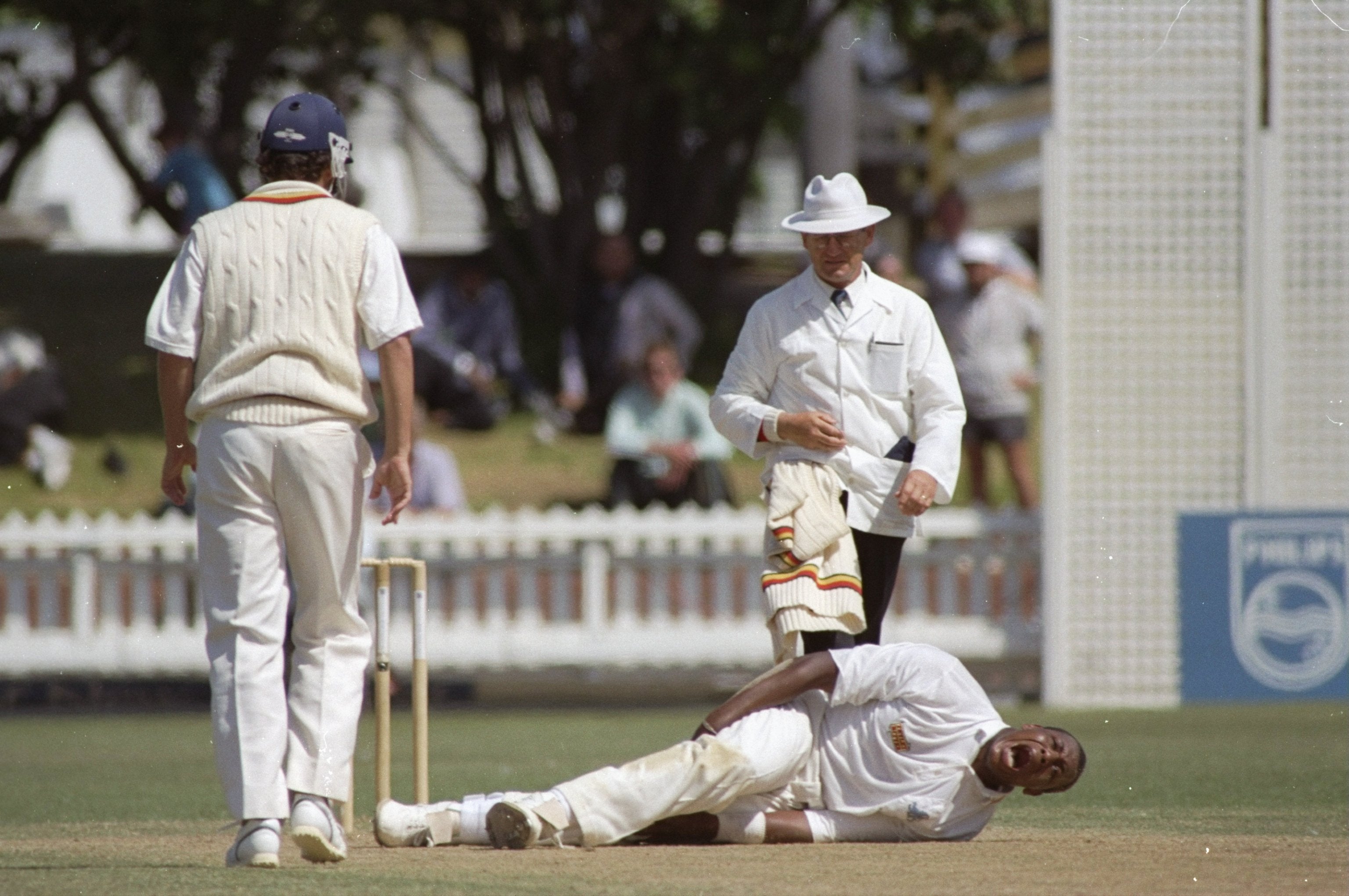 Lawrence lies in agony after breaking his kneecap during a Test against New Zealand in Wellington, 1992