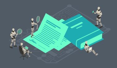 Robots work on a contract and review a legal book to illustrate AI usage in law.