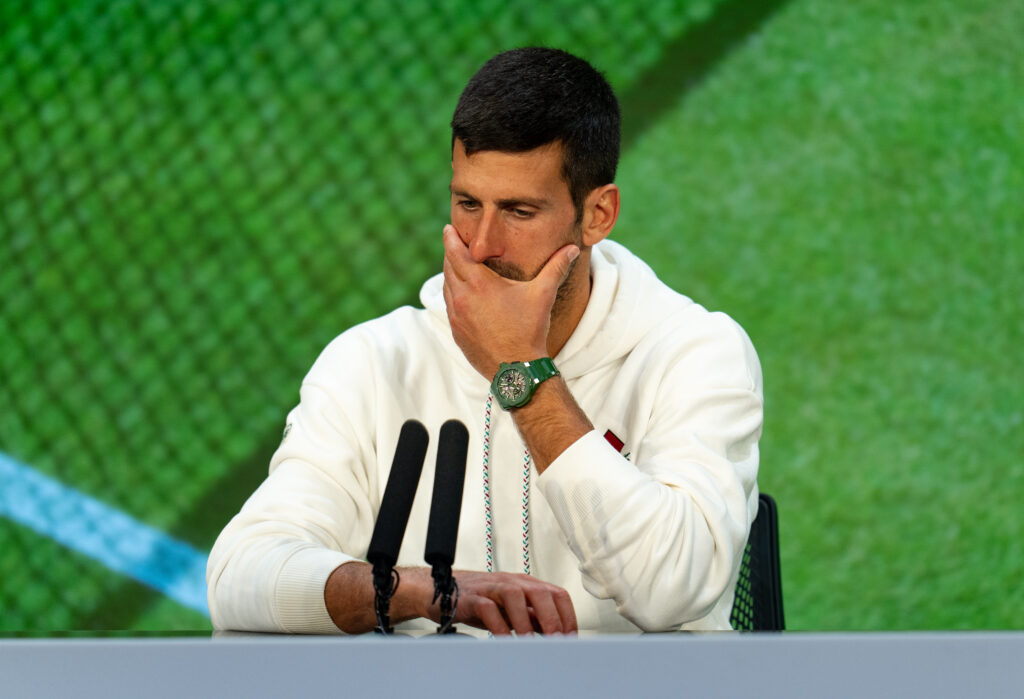 Novak Djokovic speaks to the media after his loss to Carlos Alcaraz in the 2023 Wimbledon final