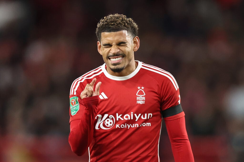 Morgan Gibbs-White of Nottingham Forest looks frustrated after a missed chance during the Carabao Cup Second Round match between Nottingham Forest ...
