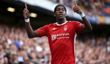 Anthony Elanga of Nottingham Forest celebrates after scoring the team's first goal during the Premier League match between Chelsea FC and Nottingha...
