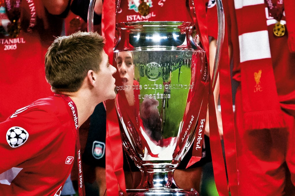 Steven Gerrard kisses the Champions League trophy after Liverpool beat AC Milan in the 2005 final.