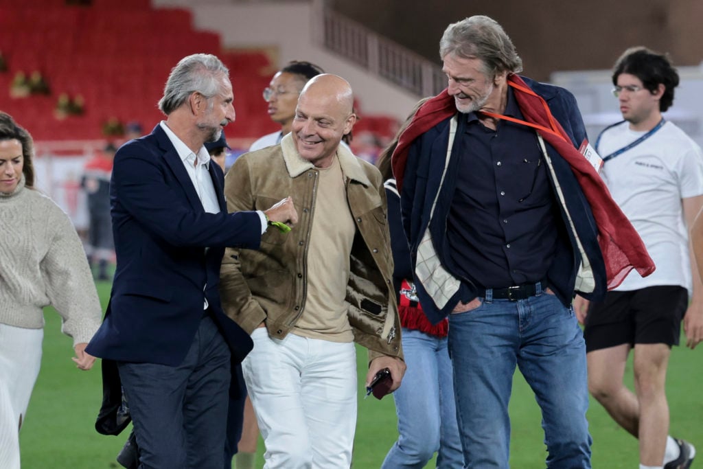 Ineos Sport CEO Jean-Claude Blanc, Ineos Sports Director Dave Brailsford and Ineos CEO and owner of OGC Nice Jim Ratcliffe celebrate Nice victory on the pitch following the Ligue 1 Uber Eats match between AS Monaco (ASM) and OGC Nice (OGCN) at Stade Louis II on September 22, 2023