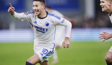 TOPSHOT - FC Copenhagen's Sweden's forward #40 Roony Bardghji (L) celebrates after scoring the 4-3 during the UEFA Champions League Group A footbal...