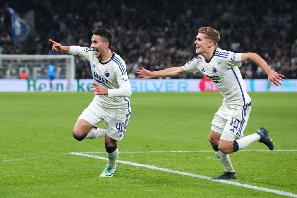 Roony Bardghji of FC Copenhagen celebrates after scoring his side's fourth goal during the UEFA Champions League match between F.C. Copenhagen and ...