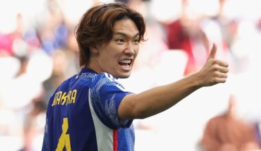 Ko Itakura of Japan gestures during the AFC Asian Cup Round of 16 match between Bahrain and Japan at Al Thumama Stadium on January 31, 2024 in Doha...