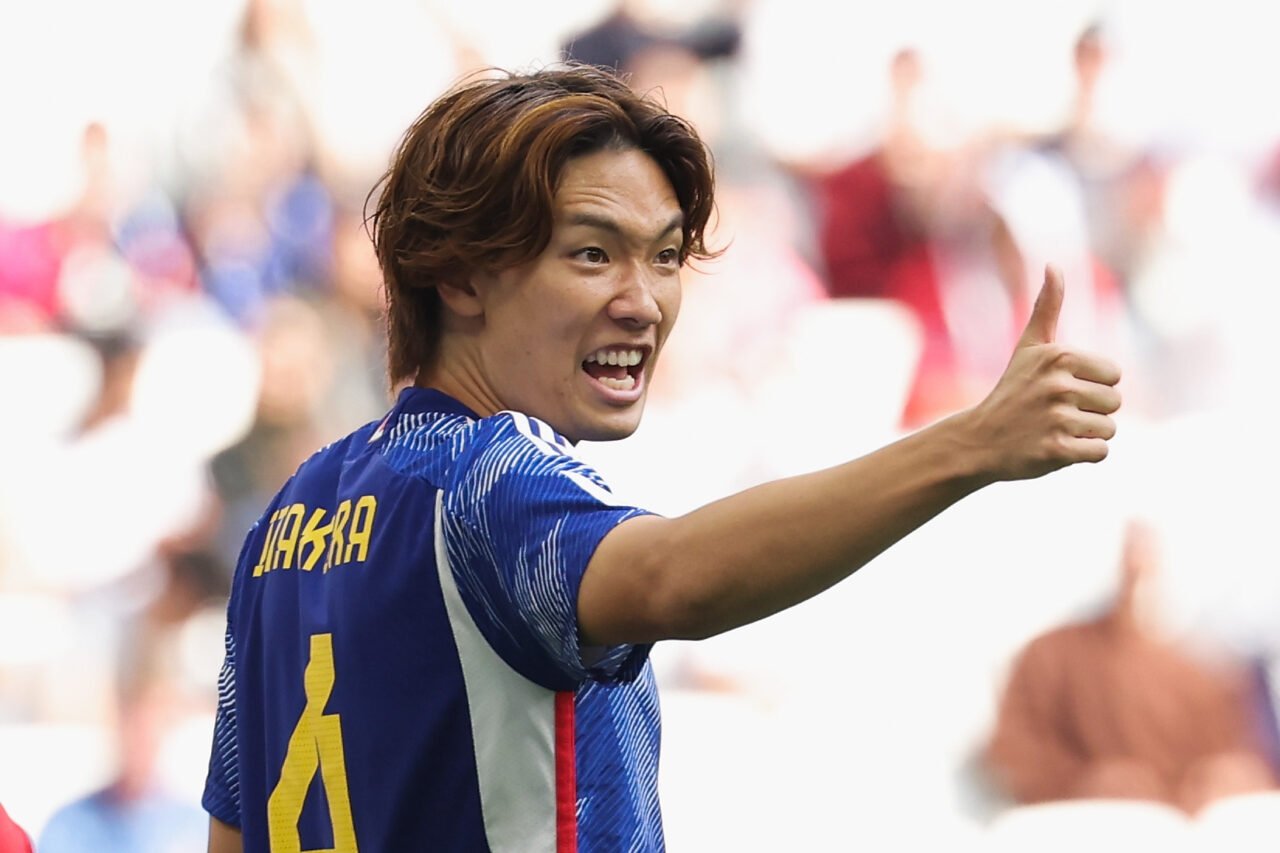 Ko Itakura of Japan gestures during the AFC Asian Cup Round of 16 match between Bahrain and Japan at Al Thumama Stadium on January 31, 2024 in Doha...