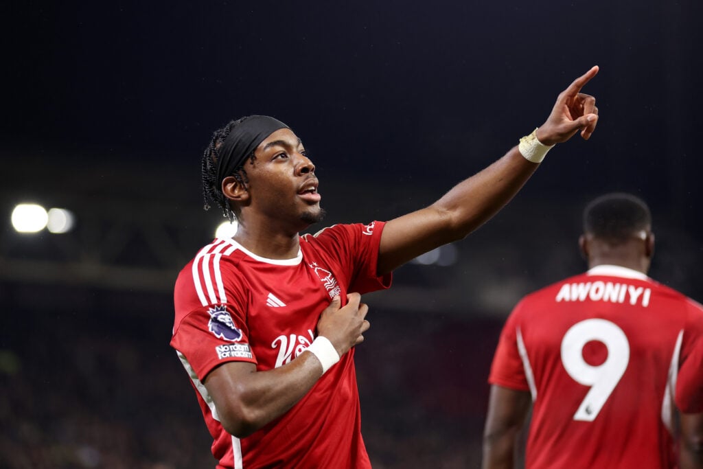 Anthony Elanga of Nottingham Forest celebrates scoring his team's first goal during the Premier League match between Nottingham Forest and Newcastl...