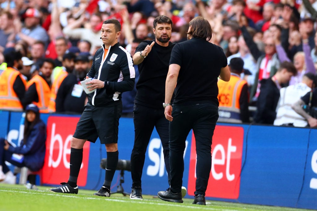 Southampton manager shakes hands with Leeds United manager Daniel Farke after winning the 2024 Championship play-off final.