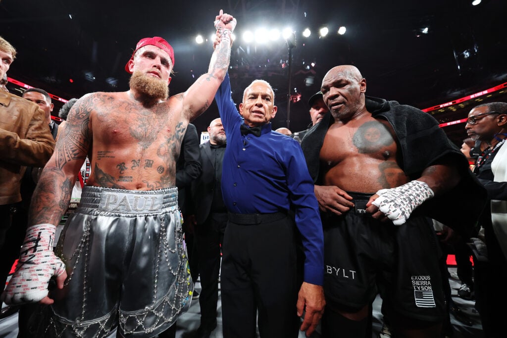 Jake Paul gets his hand raised as his win over Mike Tyson is confirmed