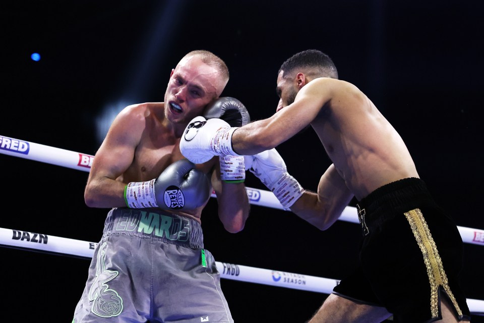 BIRMINGHAM, ENGLAND - NOVEMBER 30: Galal Yafai punches Sunny Edwards during their WBC Interim World Flyweight title fight at BP Pulse Live on November 30, 2024 in Birmingham, England. (Photo by Morgan Harlow/Getty Images)