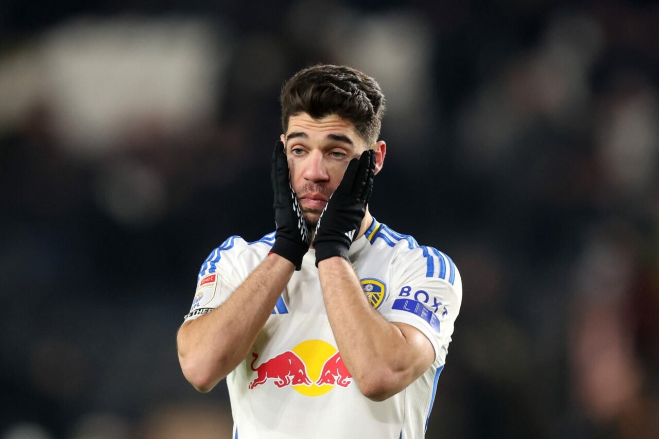 Manor Solomon of Leeds United looks dejected following the Sky Bet Championship match between Hull City AFC and Leeds United FC at MKM Stadium on J...