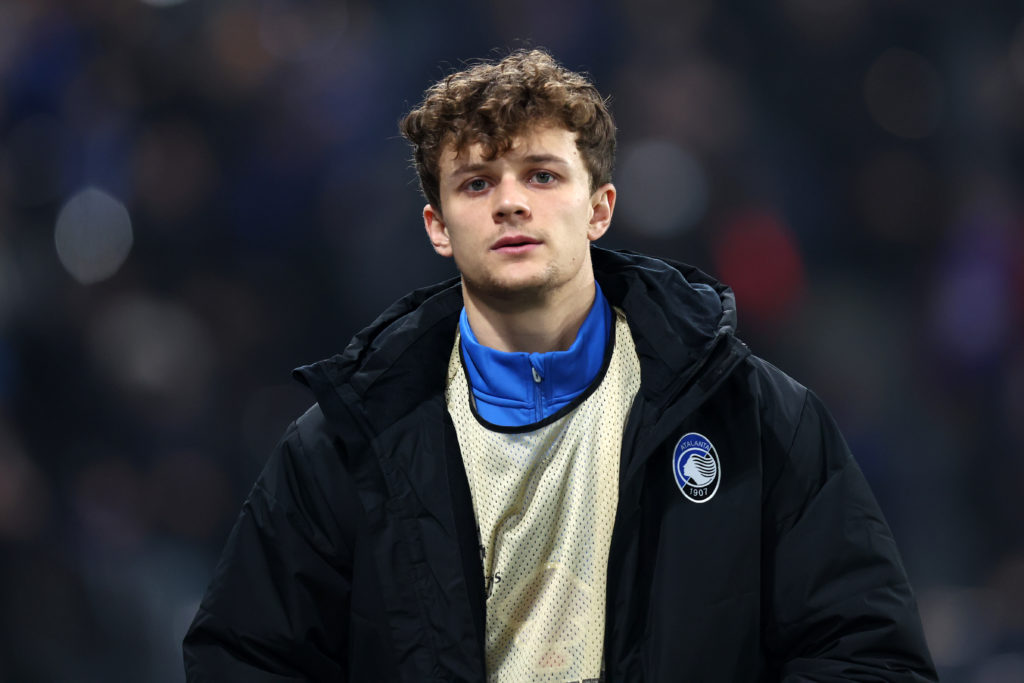 Atalanta defender Giorgio Scalvini warms up during a Champions League game against Sturm Graz.