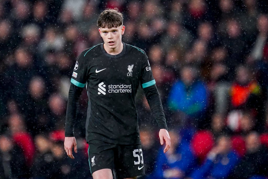James McConnell of Liverpool looks on during the UEFA Champions League 2024/25 League Phase MD8 match between PSV Eindhoven and Liverpool FC at PSV Stadion
