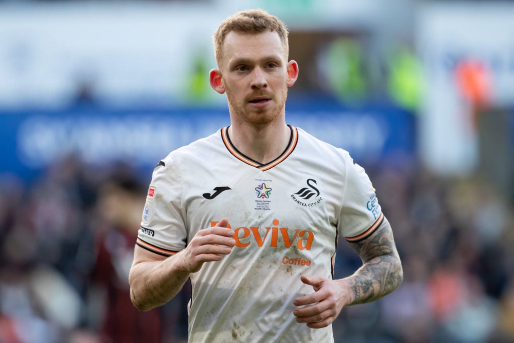 Swansea City midfielder Lewis O'Brien in action against Blackburn Rovers.