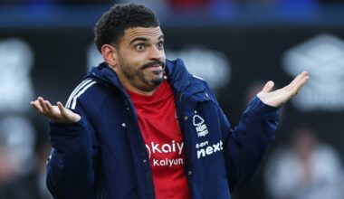Morgan Gibbs-White of Nottingham Forest reacts, to Nottingham Forest fans chanting "Englands number 10" after the Premier League match between Ipsw...