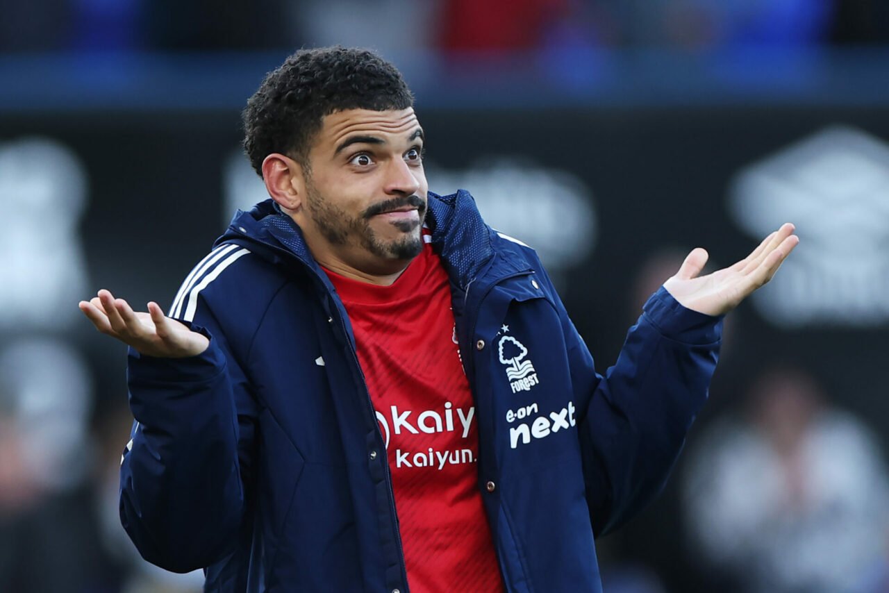 Morgan Gibbs-White of Nottingham Forest reacts, to Nottingham Forest fans chanting "Englands number 10" after the Premier League match between Ipsw...