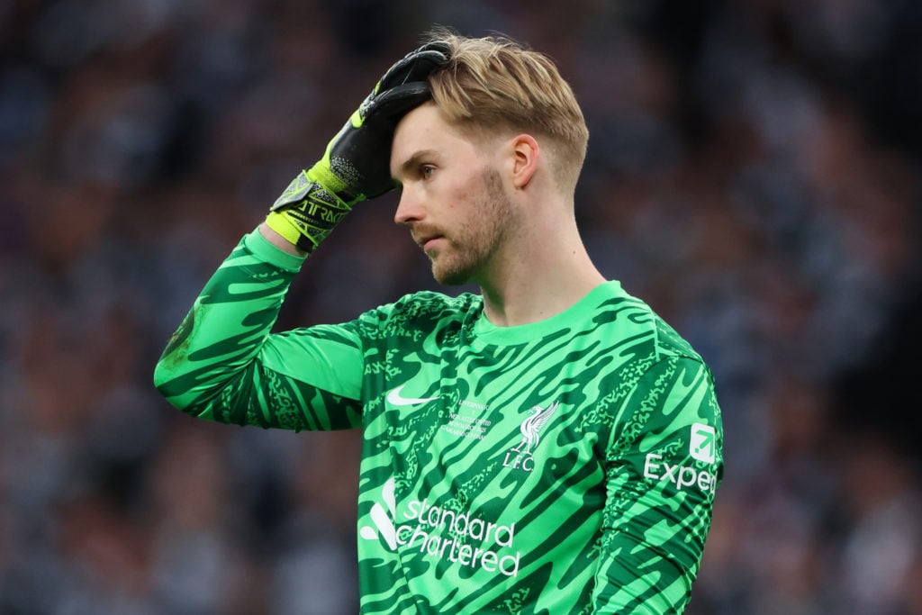 Caoimhin Kelleher in action during the 2025 Carabao Cup final.