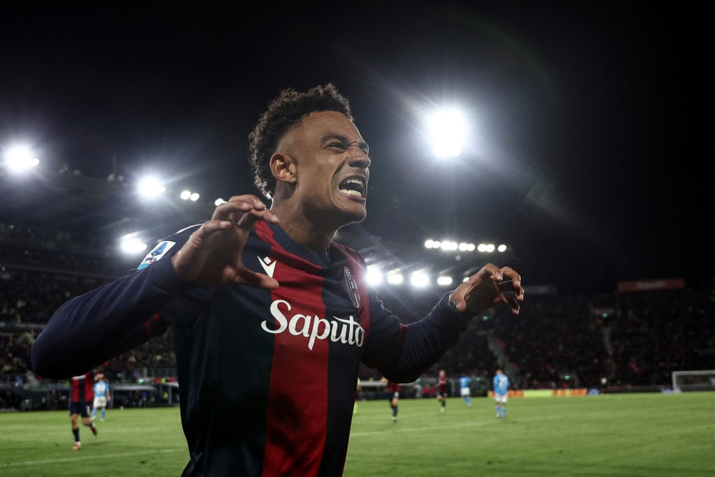 Bologna winger Dan Ndoye celebrates against Napoli.