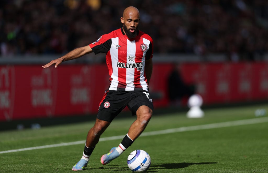 Bryan Mbeumo of Brentford controls the ball.