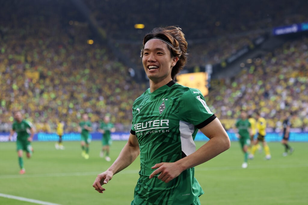 Ko Itakura of Borussia Moenchengladbach celebrates scoring his team's first goal during the Bundesliga match between Borussia Dortmund and Borussia...