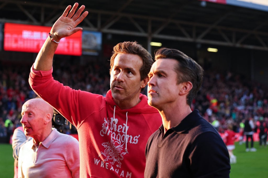 Ryan Reynolds and Rob McElhenney look on ahead of Wrexham's League One clash with Charlton Athletic.