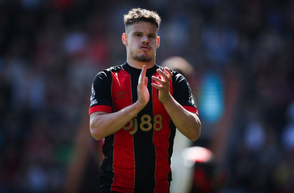 Milos Kerkez pictured clapping the Bournemouth fans in their game against Manchester United.