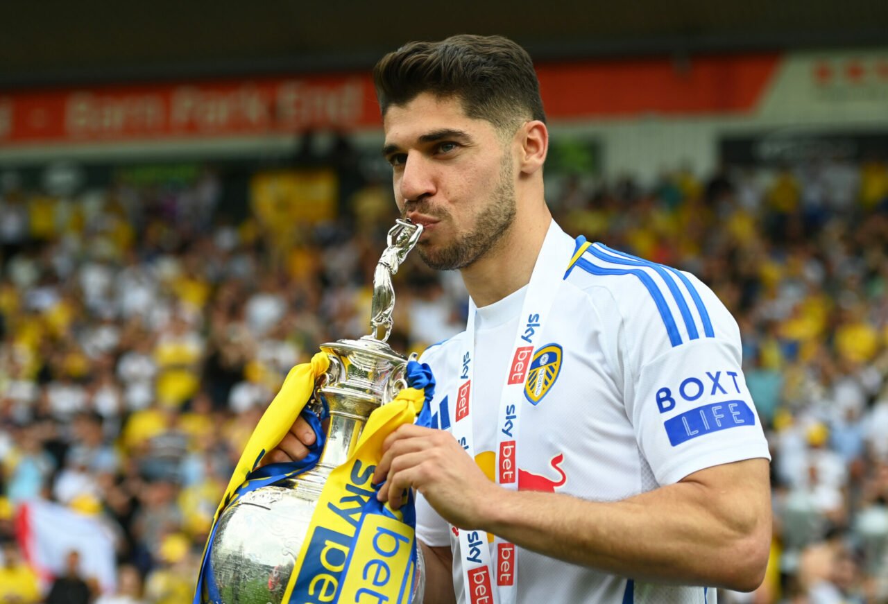 Manor Solomon of Leeds United, poses for a photo with the Sky Bet Championship trophy after the teams 2-1 victory, which confirmed that the team ha...