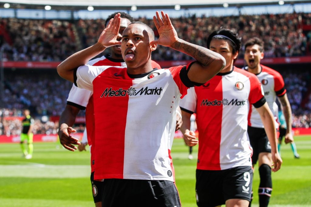 Igor Paixao celebrates after scoring for Feyenoord against Rotterdam.