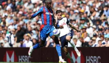 Jean-Philippe Mateta of Crystal Palace and Ben Davies of Tottenham Hotspur during the Premier League match between Tottenham Hotspur FC and Crystal...