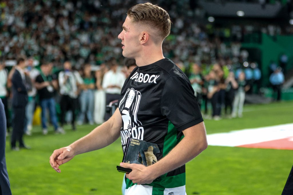 Viktor Gyokeres, forward of Sporting CP, holds the top scorer trophy during the Liga Portugal Betclic match between Sporting CP and Vitoria SC at the Estadio Jose de Alvalade in Lisbon, Portugal, on May 17, 2025.