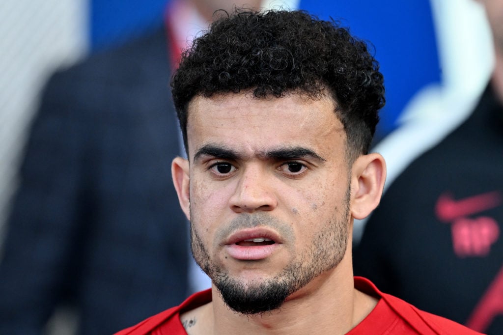 Luis Diaz looks on during the warm up prior to the Premier League match between Brighton & Hove Albion and Liverpool at Amex Stadium.
