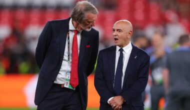 Daniel Levy, chairman of Tottenham Hotspur, speaks with Sir Jim Ratcliffe during the UEFA Europa League Final 2025 between Tottenham Hotspur and Ma...
